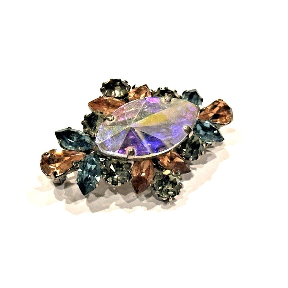 Austria Vintage Pink Blue Iridescent Ab Rhinestones Pin Brooch Navette Stunning